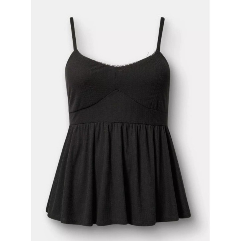 Torrid Womens 00 M/L Black Textured Jersey Smocked Criss Cross Babydoll Camisole